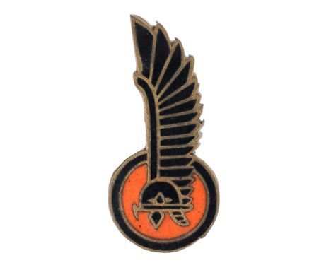 Veteran's badge of the 1st Armored Division of General Maczek. The badge features a helmet and hussar wing on an orange backg