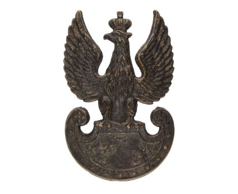 The badge in the form of an eagle with outstretched wings, sitting on an Amazon shield. The eagle's head is topped with a clo