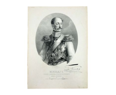 Engraving by Aleksander Lesser, "Królowie Polscy Wizerunki". The graphic depicts Nicholas I, with the inscription under the m