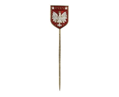 Polish patriotic pin featuring a white eagle on a red background, with the year "1945" above and two stars on either side. Th