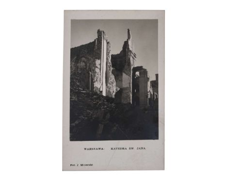 A photograph/postcard depicting the destroyed St. John's Cathedral in Warsaw. The photograph was taken by J. Mizerski in 1945