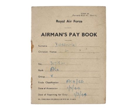 The pay book of Leopold Dąbrowski, born on April 15, 1919, who served in the Polish Air Force as a pilot-trainee with the ran