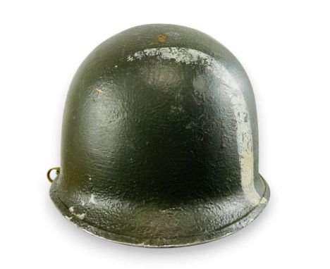 American M1 helmet with chin strap and liner. Batch number 243A. A horizontal stripe is painted on the back to indicate the r