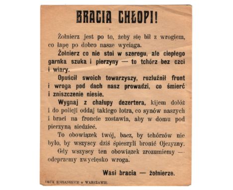 A propaganda leaflet from the period of the Polish-Bolshevik War. Dimensions: 14 cm x 16.6 cm. The overall condition is as sh