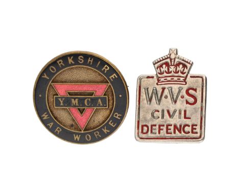 The set includes 2 pins. The Y.M.C.A. Yorkshire War Worker pin, produced by Fattorini Bradford, features intact enamel and a 