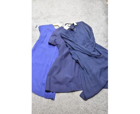 Three vintage dresses, including royal blue textured crepe dress, around 1950s and navy blue medium weight cotton shift dress