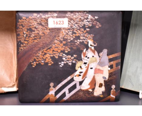 A vintage lacquered box, having bridge and tree scene, minus escutcheon, also included are a few advertising button hooks and