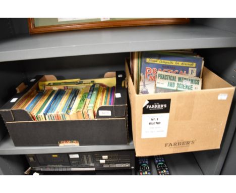 Two cartons of books and magazines containing approximately 35 vintage ladybird books and a collection of Practical Mechanics