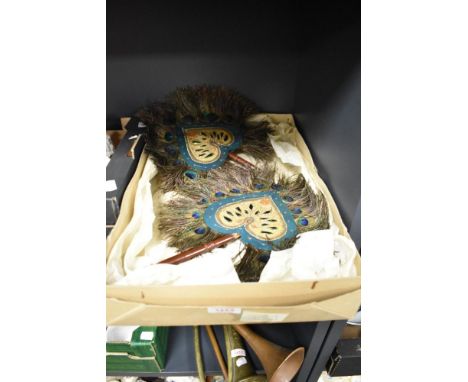 Two vintage embroidered fans trimmed with Peacock feathers