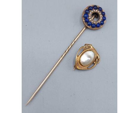 A yellow metal Pearl set brooch together with a stick pin set blue stones and Pearls 