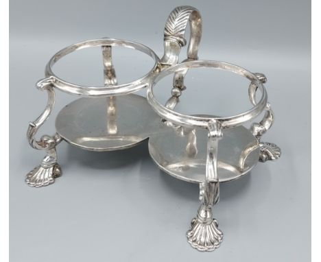 A George II silver oil and vinegar cruet stand, London 1759, maker Samuel Wood, 14ozs together with two associated bottles