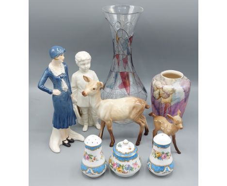 Two Beswick models of deer together with a Goebel figures, a glass vase and other ceramics