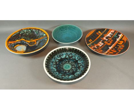 A Poole pottery dish with abstract design together with another similar a Poole pottery bowl and a Jersey pottery bowl