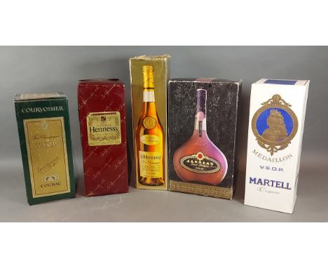 A Hennessy Cognac in box together with another Hennessy Cognac and three other Cognacs 