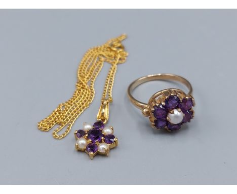 A 9ct gold Pearl and stone set cluster ring together with a matching pendant with chain, 5.1gms