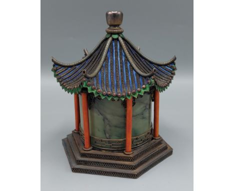 A Chinese filigree silver, enamel and hardstone covered box in the form of a Pagoda, 13cms tall