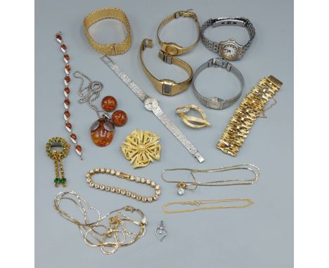 A silver and Amber bracelet together with a similar pendant and a small collection of jewellery to include ladies wristwatche