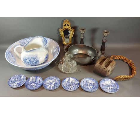A cut glass and silver mounted condiment set together with other items to include a pully and a jug and basin 