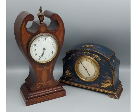 An Edwardian mahogany and marquetry inlaid mantle clock together with a lacquered mantle clock 