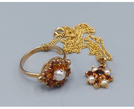 A 9ct gold Pearl and stone set ring together with a matching pendant with chain, 5.5gms
