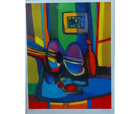 Marcel Mouly, Guitare et Bouteille, coloured Lithograph number 158/300, signed in pencil, 60cms by 47cms