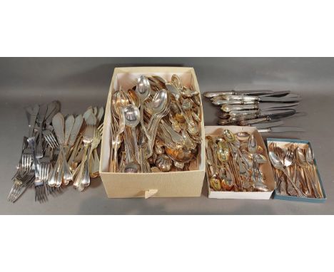 A large canteen of silver plated cutlery by James Dixon and sons together with other silver plated flatware 