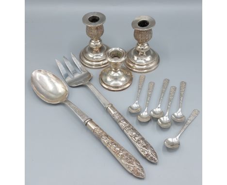 A Birmingham silver dwarf silver candlestick together with a pair of Sterling silver dwarf candlesticks, a pair of servers an