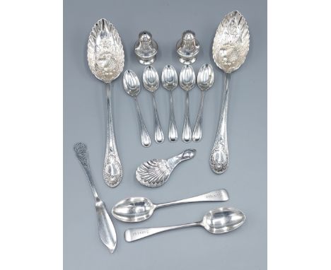 A pair of Victorian silver berry spoons, Sheffield 1867 together with seven silver teaspoons, a silver butter knife, a pair o
