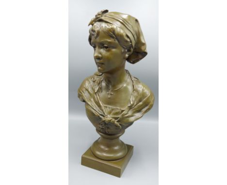 Louis Émile Cana, bust of a female wearing head scarf and shawl, bronze, signed, 38cms tall