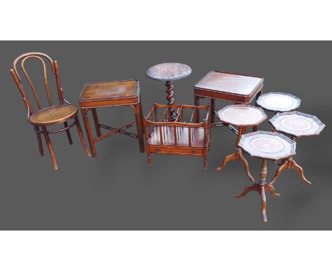 A pair of mahogany lamp tables with other items of furniture to include four wine tables, a mahogany Canterbury and a pedesta