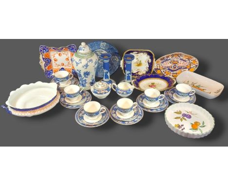 A Wedgwood Blue Siam pattern part tea service together with a pair of Wedgwood candlesticks and other ceramics to include Coa