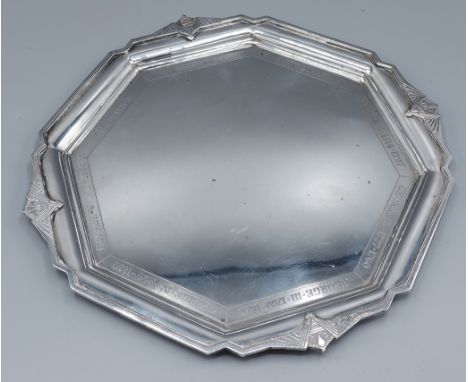 A George VI silver Coronation presentation tray of octagonal form with stylised decoration and with crown above GR and crowne