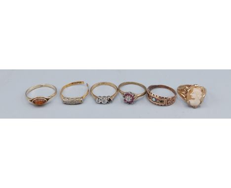 A 9ct gold Diamond set ring together with five other 9ct gold stone set rings, 10.4gms