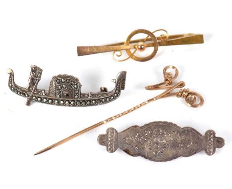 Four brooches:to include a bar brooch, 4.7cm long, indistinctly stamped 9ct, 1.5g; an initialled 'W' stick in unmarked yellow