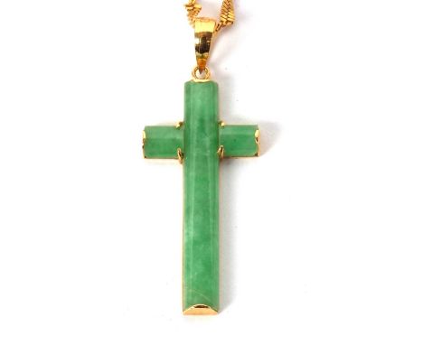 A jade cross and chain stamped 916k, the 32mm long jade cross with closed back of unmarked yellow metal, with tapered bale st