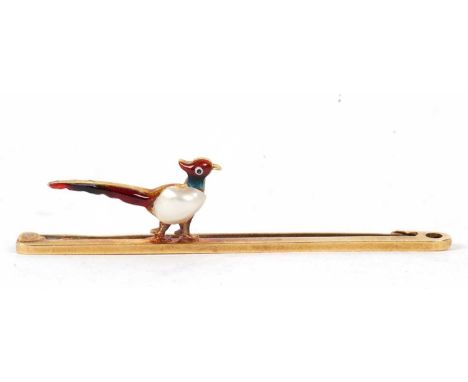 A 15ct pheasant bar brooch, the pheasant modelled with a split pearl body and enamelled plummage, off-set on a plain bar stam