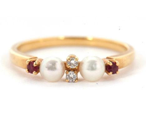 A ruby, diamond and cultured pearl ring, with two small round diamonds to centre, with a cultured pearl and single small roun