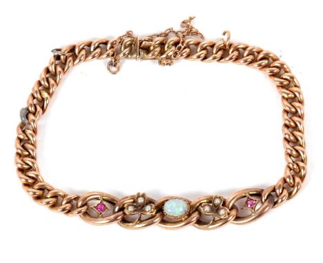 A 9ct opal, seed pearl and pink sapphire curblink bracelet, the central claw mounted oval opal cabochon, with a sprig of seed