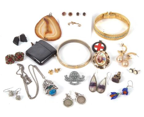 A mixed lot of jewellery, to include a multi gemset and swivel fob necklace, an unmarked seed pearl bar brooch, a pair of sil