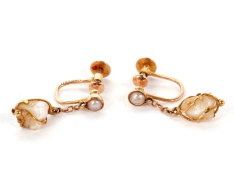 A pair 15ct 'pearl' earrings, the baroque 'pearl' drops in wirework mounts, suspended from a small round collet mounted 'pear