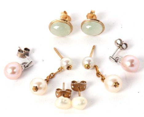 Four pairs of gemset earrings, to include a pair of 9ct white cultured pearl earrings, a pair of jade cabochon earrings stamp