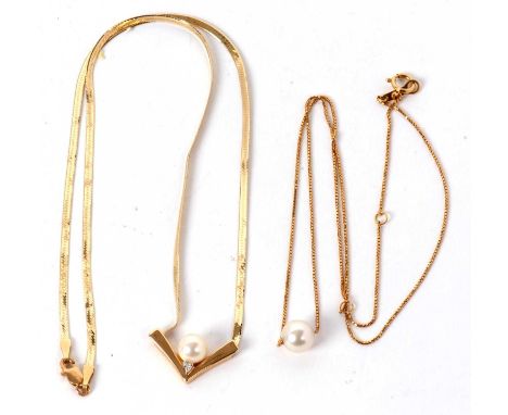 Two cultured pearl necklaces: to include a 14k cultured pearl and diamond in a V-formation, with flat herringbone chain stamp
