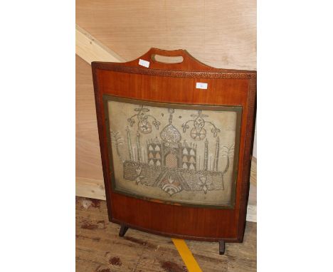 A vintage oak fire screen with silk thread decoration. postage unavailable 