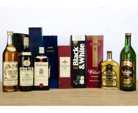 Eleven bottles of spirits, including boxed Harveys Bristol Cream, Croft Original, Metaxa, Black and White Scotch Whisky, Full