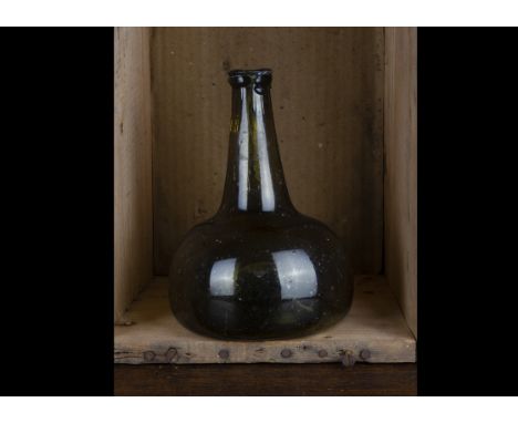 Dutch utility wine bottle circa 1720-50, onion shape, blow pipe pontil scar, clear green colour, 19.5cm, 2cm hairline crack u