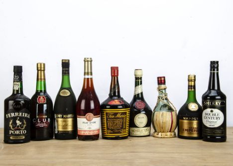 Nine bottles of wine and spirits, comprising Ferreira Porto, DOM Benedictine, Napoleon Grand Empereur, Sherry Double Century,