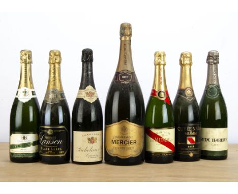 Seven bottles of sparkling wine, comprising a magnum of Mercier Private Brut, Rene Barbier Cava, Veuve Hennerick Brut, Lanson