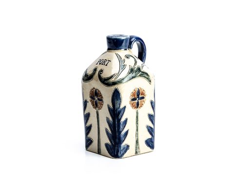 A 19th Century stoneware Port flask, with floral and foliage engraved decoration in coloured enamels, high loop handle, 19cm 