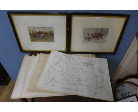 Two hunting prints and seven maps 