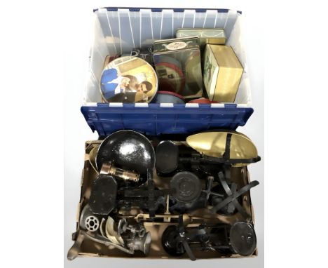 A quantity of enameled metal scales, mincer, various tins. (2 boxes)